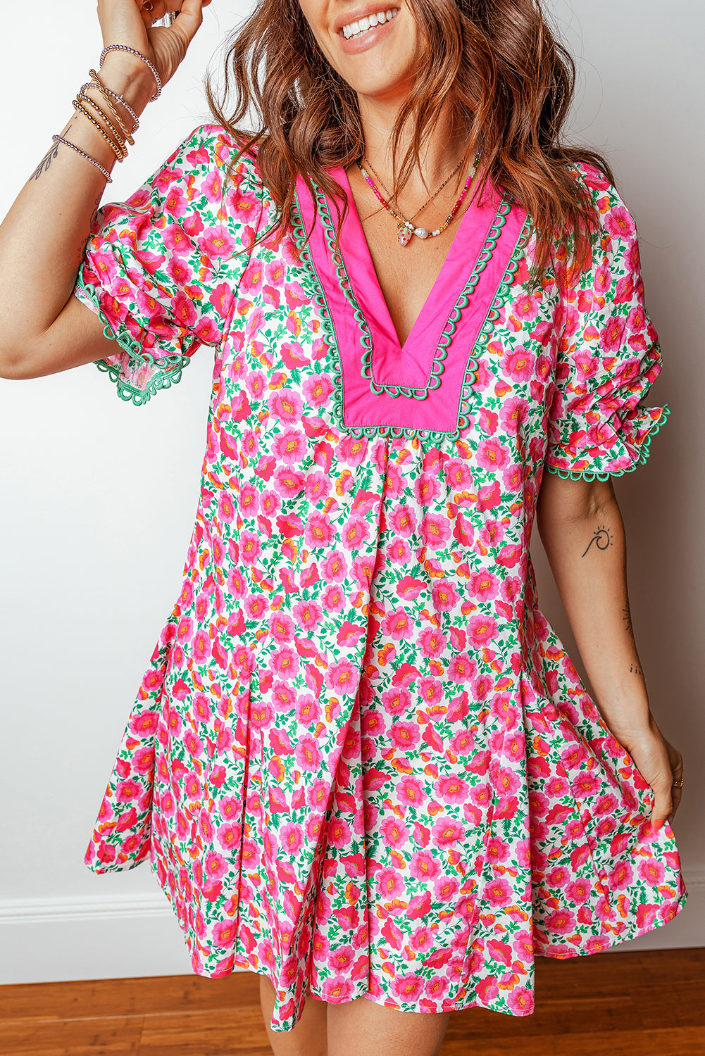 Pink Floral Print V Neck Patchwork Short Bubble Sleeve Mini Dress-Dresses/Floral Dresses-[Adult]-[Female]-2022 Online Blue Zone Planet