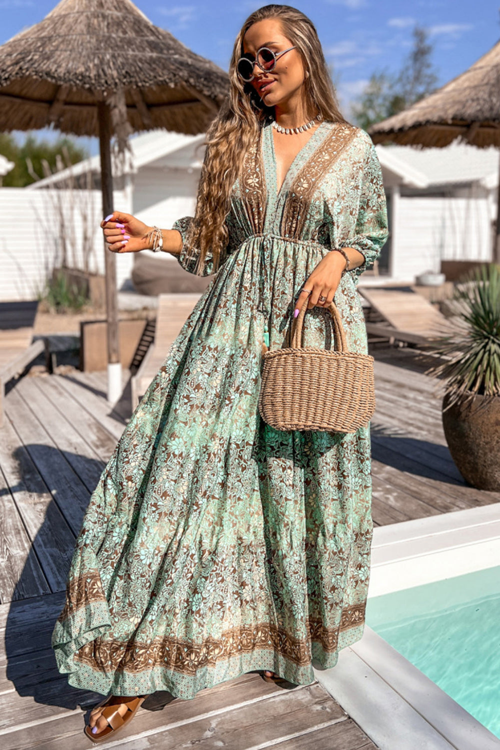 Green Boho Floral Print Backless Drawstring High Waist Maxi Dress-Maxi Dresses-[Adult]-[Female]-2022 Online Blue Zone Planet