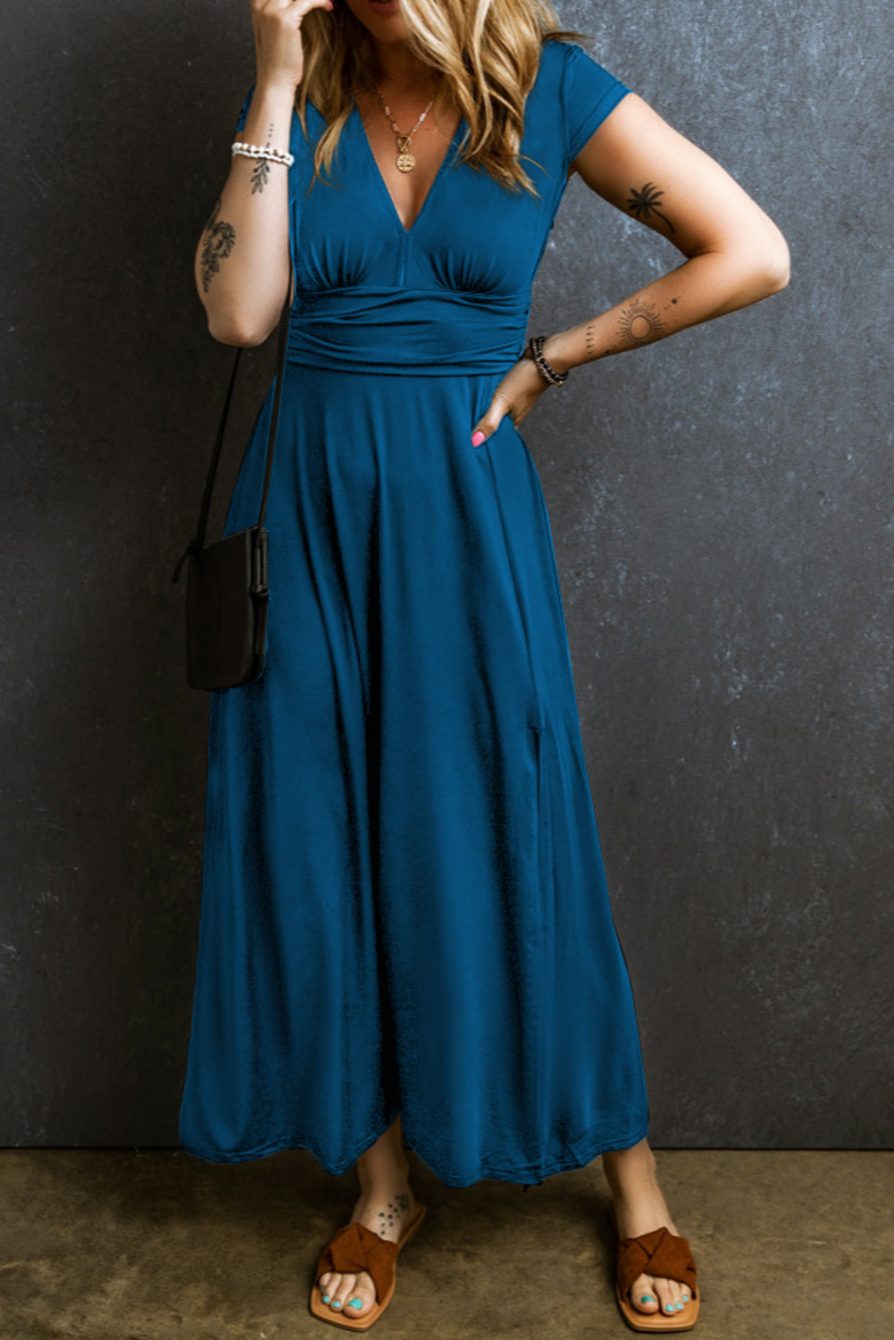 Blue Zone Planet | Peacock Blue Short Sleeve Shirred High Waist V Neck Maxi Dress-TOPS / DRESSES-[Adult]-[Female]-Peacock Blue-S-2022 Online Blue Zone Planet