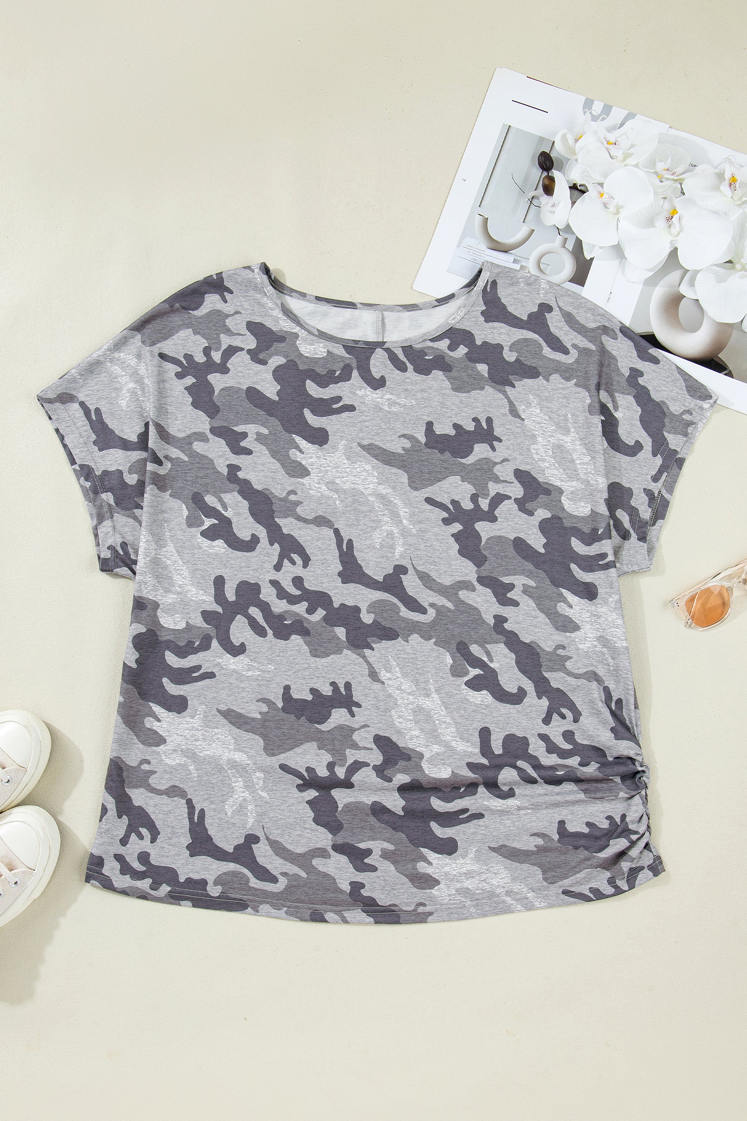 Gray Plus Size Camo Print Casual T Shirt-Plus Size/Plus Size Tops/Plus Size Tops & Tees-[Adult]-[Female]-2022 Online Blue Zone Planet