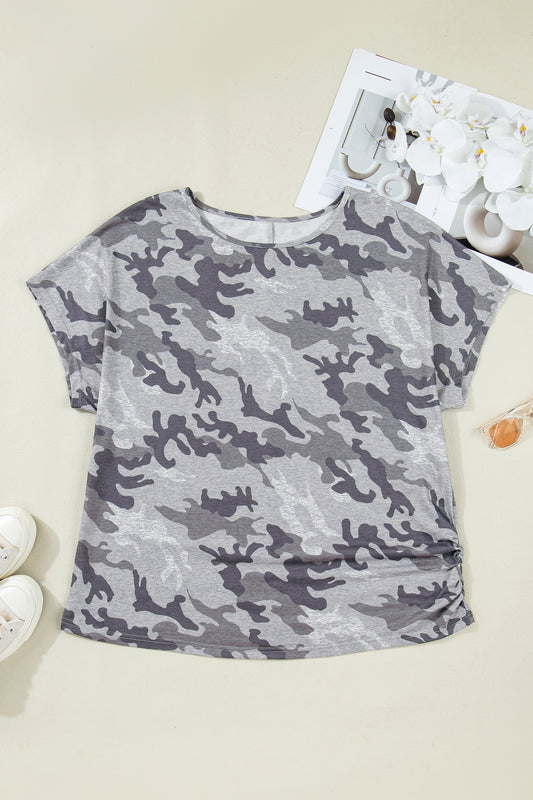 Gray Plus Size Camo Print Casual T Shirt-Plus Size/Plus Size Tops/Plus Size Tops & Tees-[Adult]-[Female]-2022 Online Blue Zone Planet