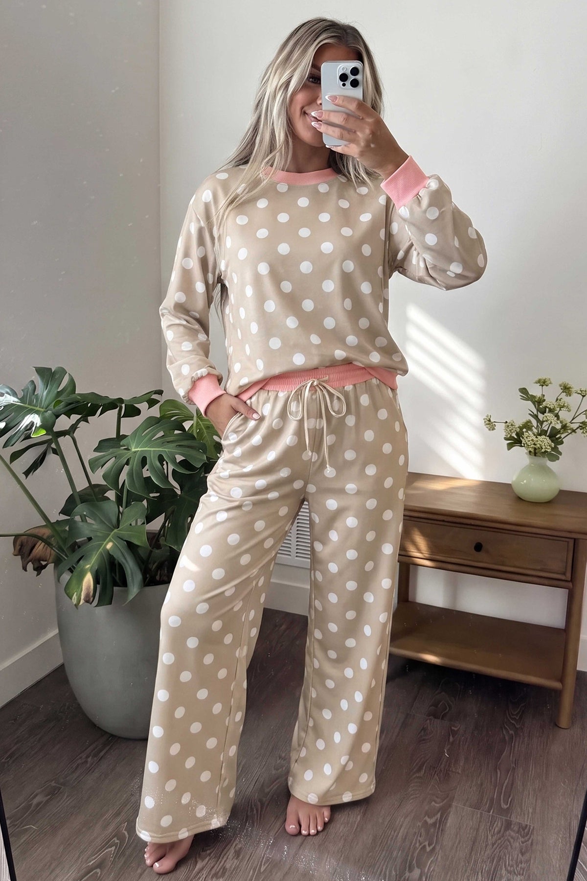 Khaki Polka Dot Contrast Trim Long Sleeve Top Drawstring Shift Pants Set-Two Piece Sets/Pant Sets-[Adult]-[Female]-2022 Online Blue Zone Planet