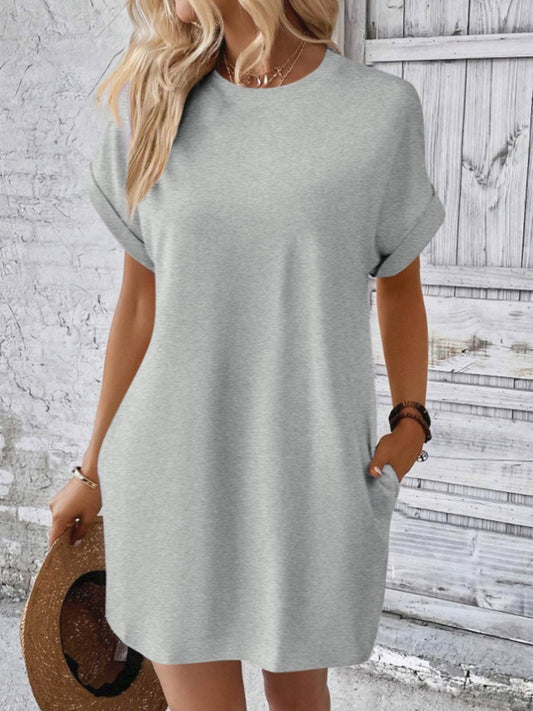 Round Neck Short Sleeve Mini Dress-TOPS / DRESSES-[Adult]-[Female]-Light Gray-S-2022 Online Blue Zone Planet