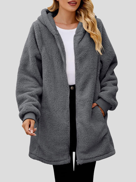 Fuzzy Pocketed Zip Up Long Sleeve Hooded Jacket-TOPS / DRESSES-[Adult]-[Female]-2022 Online Blue Zone Planet