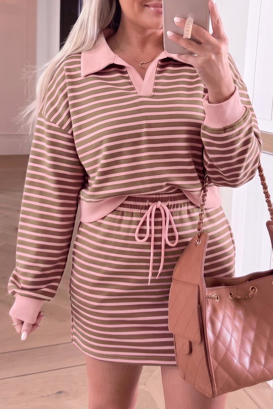 Brown Stripe Striped Drawstring Waist Long Sleeve Top Mini Skort Set-Two Piece Sets/Two Piece Dresses-[Adult]-[Female]-Brown Stripe-S-2022 Online Blue Zone Planet