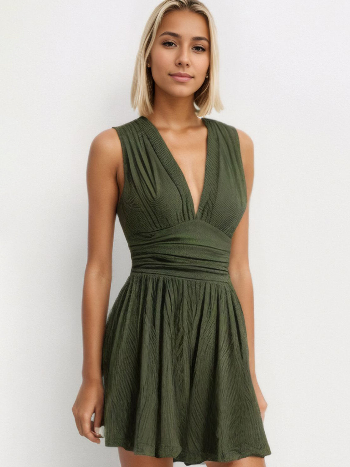 Ruched Plunge Sleeveless Romper-TOPS / DRESSES-[Adult]-[Female]-Army Green-S-2022 Online Blue Zone Planet