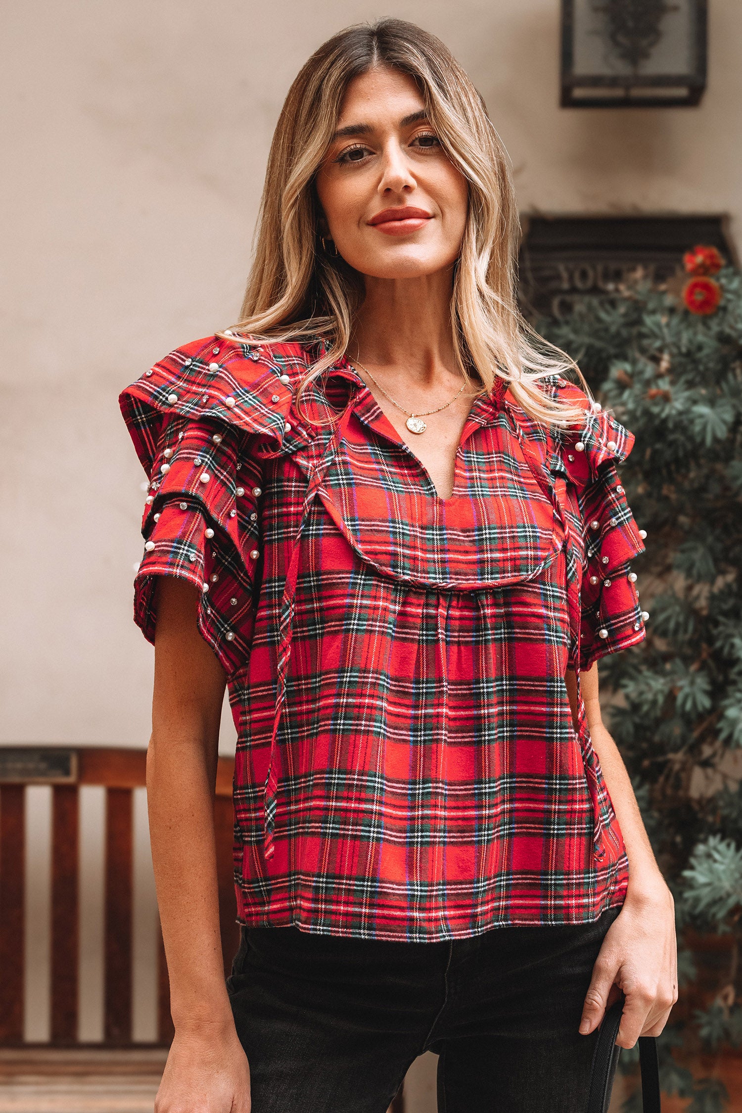 Red Festive Plaid Pearl Embellished Ruffle Short Sleeve Blouse-Tops/Blouses & Shirts-[Adult]-[Female]-2022 Online Blue Zone Planet