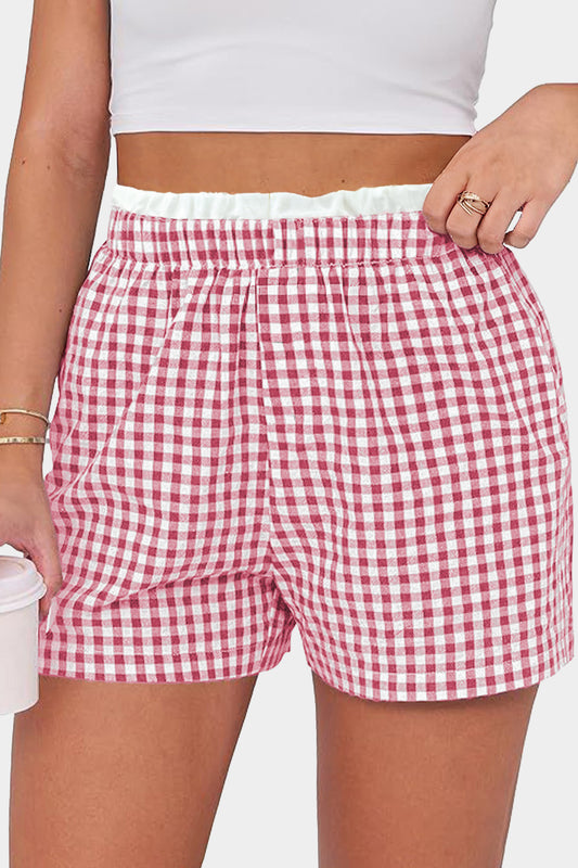 Pink Contrast Trim Plaid Print Plus Size Shorts-Plus Size/Plus Size Bottoms-[Adult]-[Female]-Pink-L-2022 Online Blue Zone Planet