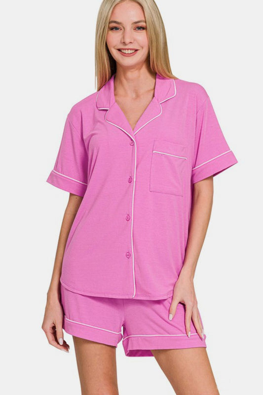 Zenana Button Down Short Sleeve Top and Shorts Lounge Set-TOPS / DRESSES-[Adult]-[Female]-BRIGHT MAUVE-S-2022 Online Blue Zone Planet