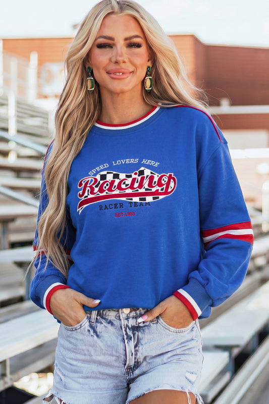 Sky Blue Abstract Racing Graphic Embroidered Patchwork Long Sleeve Sweatshirt-Tops/Sweatshirts & Hoodies-[Adult]-[Female]-Sky Blue-S-2022 Online Blue Zone Planet