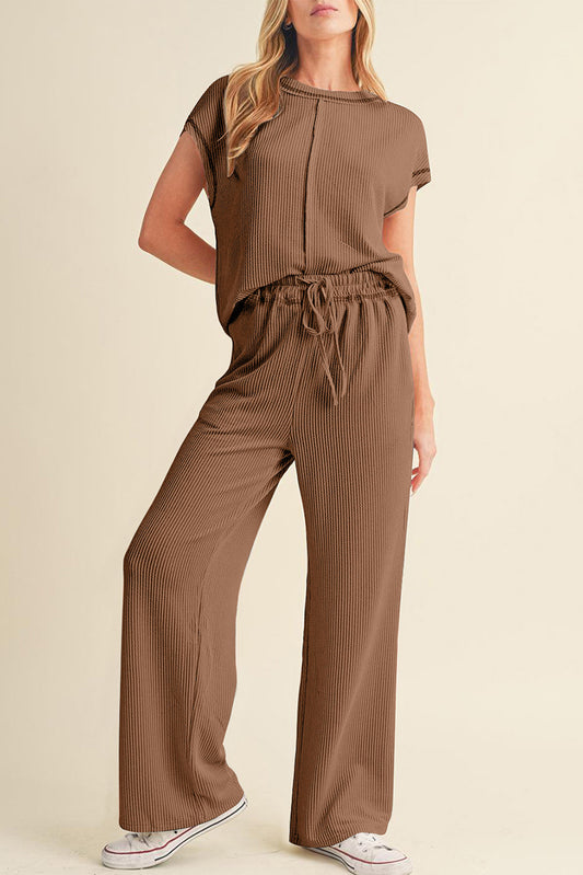 Coffee Solid Color Corded Short Sleeve Top and Casual Pants Set-Two Piece Sets/Pant Sets-[Adult]-[Female]-Coffee-S-2022 Online Blue Zone Planet