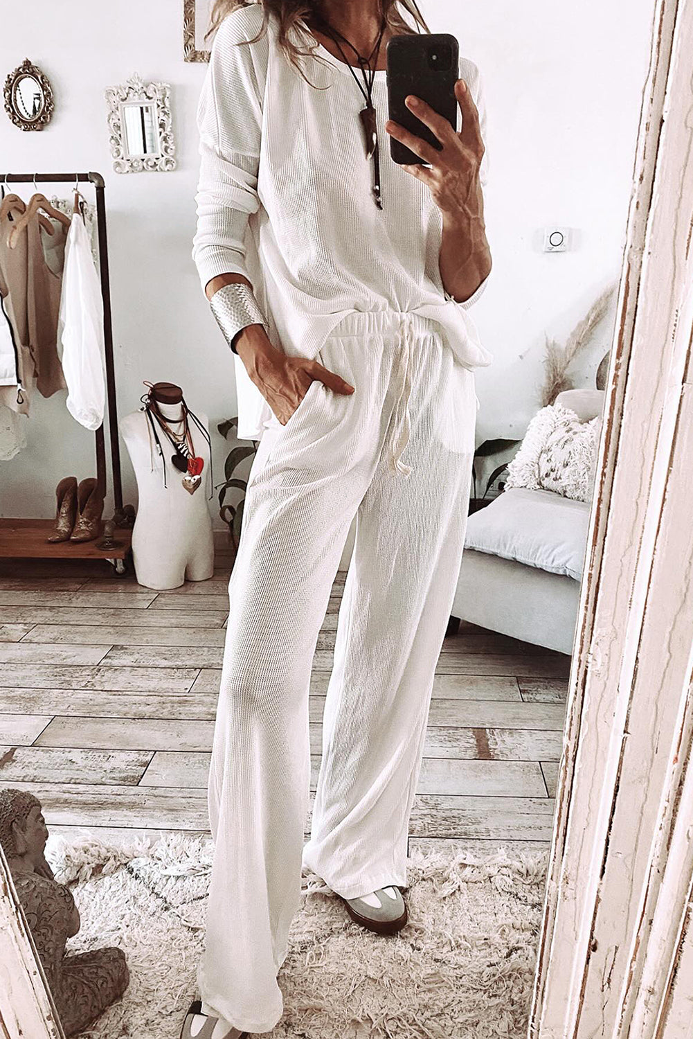 White Textured Long Sleeve T Shirt and Pants Lounge Set-Loungewear & Sleepwear/Loungewear-[Adult]-[Female]-White-S-2022 Online Blue Zone Planet