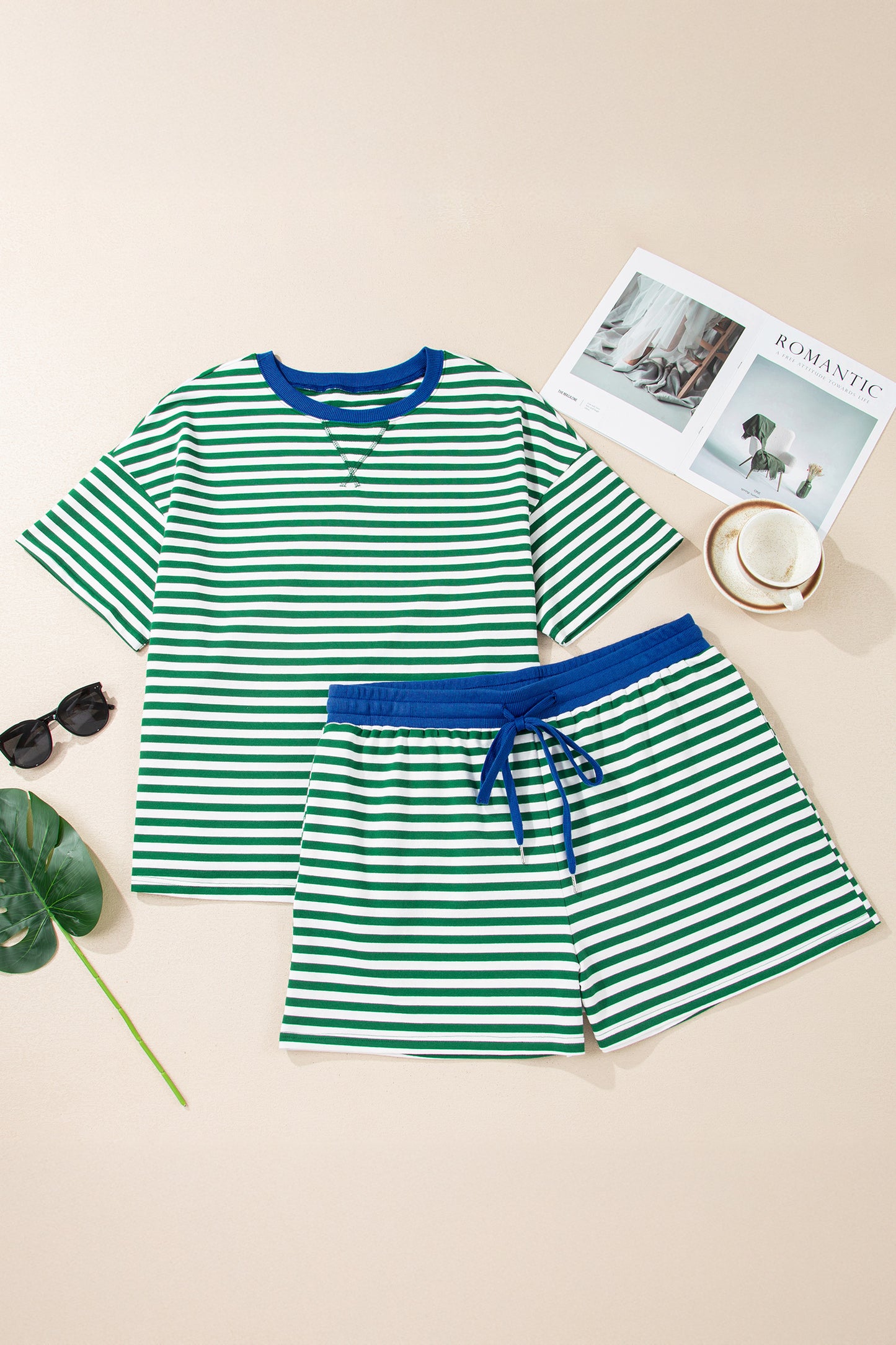 Green Stripe Boxy Tee Drawstring Elastic Waist Plus Size Short Set-Plus Size/Plus Size Loungewear-[Adult]-[Female]-2022 Online Blue Zone Planet