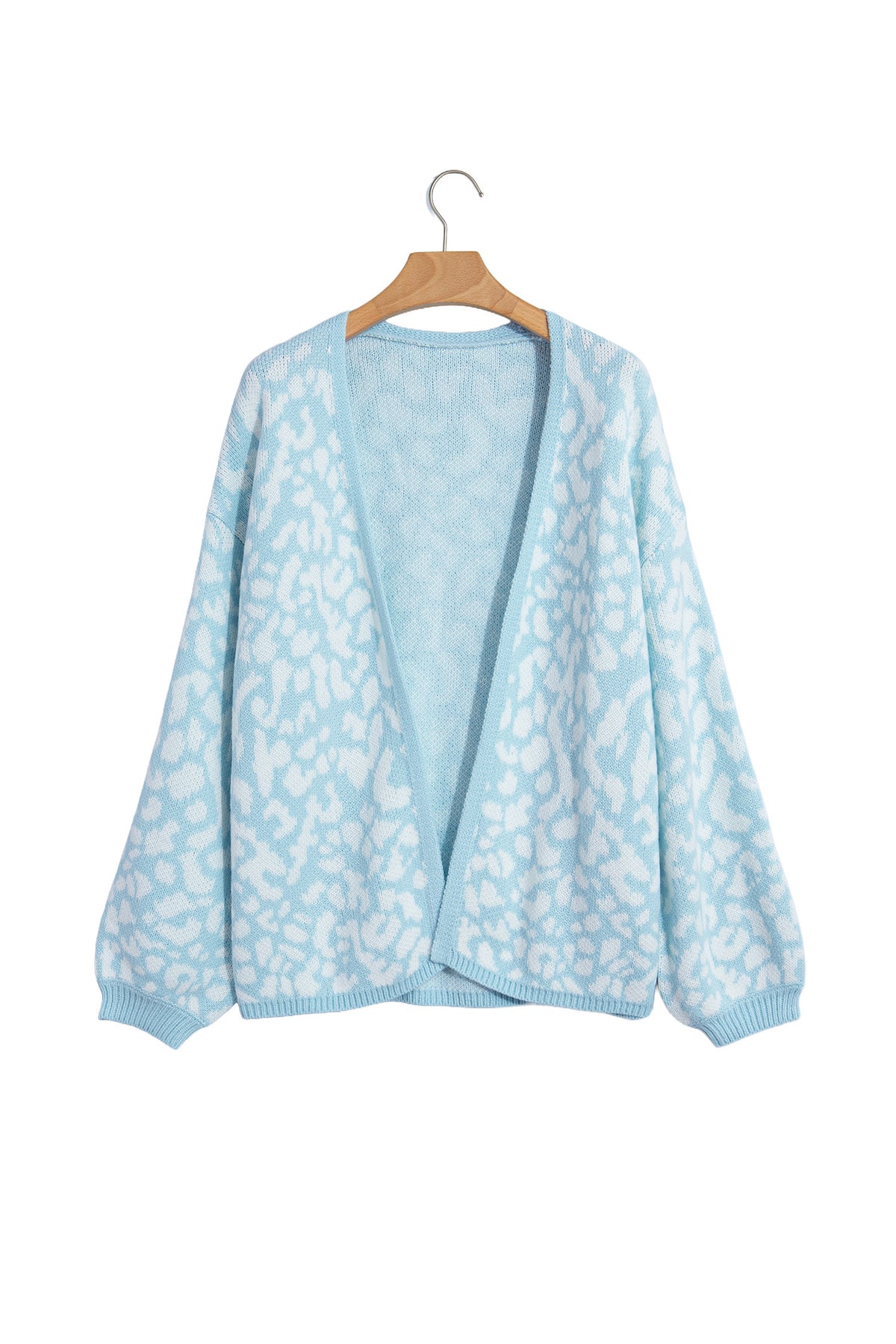 Light Blue Leopard Print V Neck Long Sleeve Loose Fit Knit Cardigan-Sweaters & Cardigans/Cardigans-[Adult]-[Female]-2022 Online Blue Zone Planet