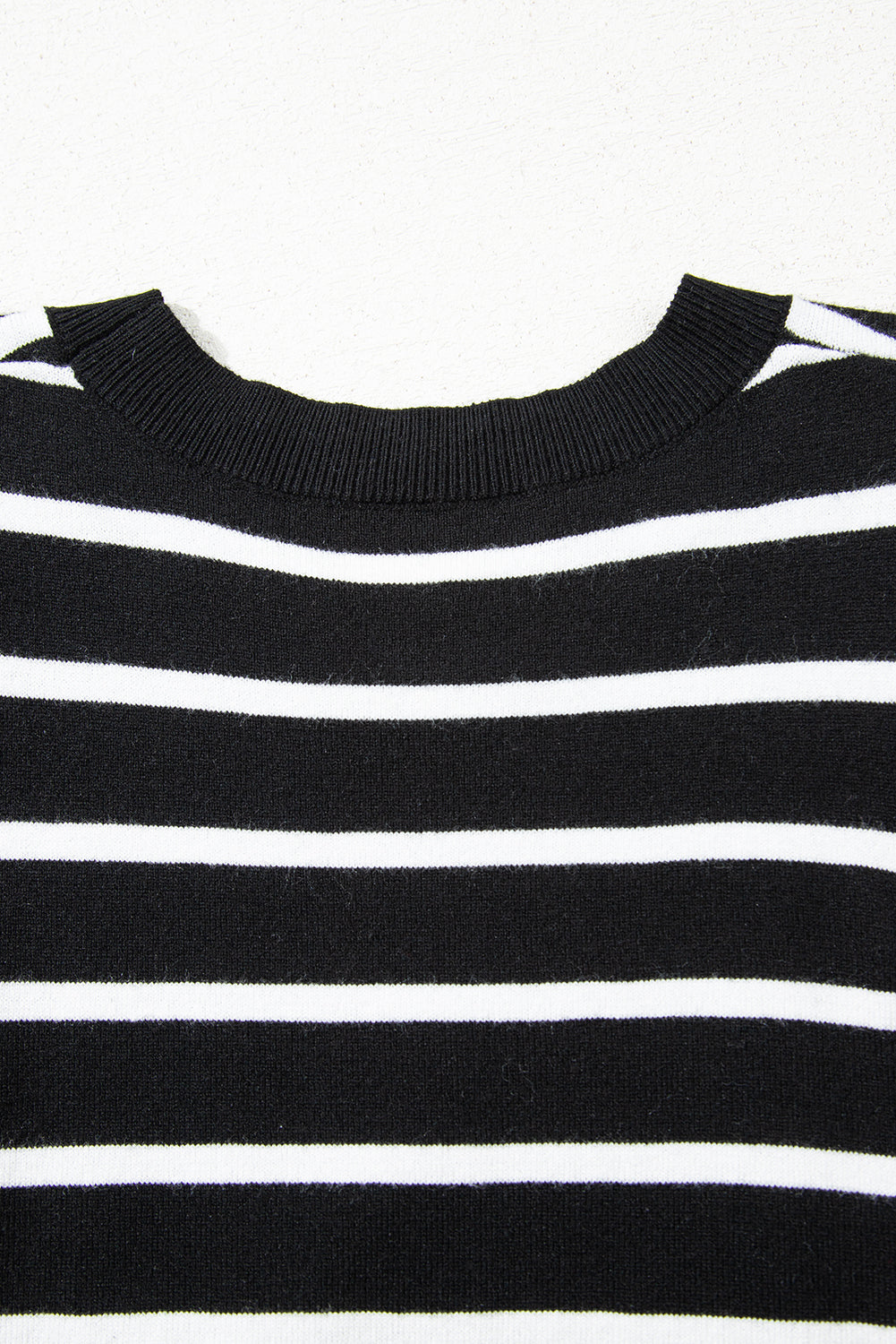 White Stripe Ribbed Trim Round Neck Bubble Sleeve Knitted Top-Sweaters & Cardigans/Short Sleeve Sweaters-[Adult]-[Female]-2022 Online Blue Zone Planet