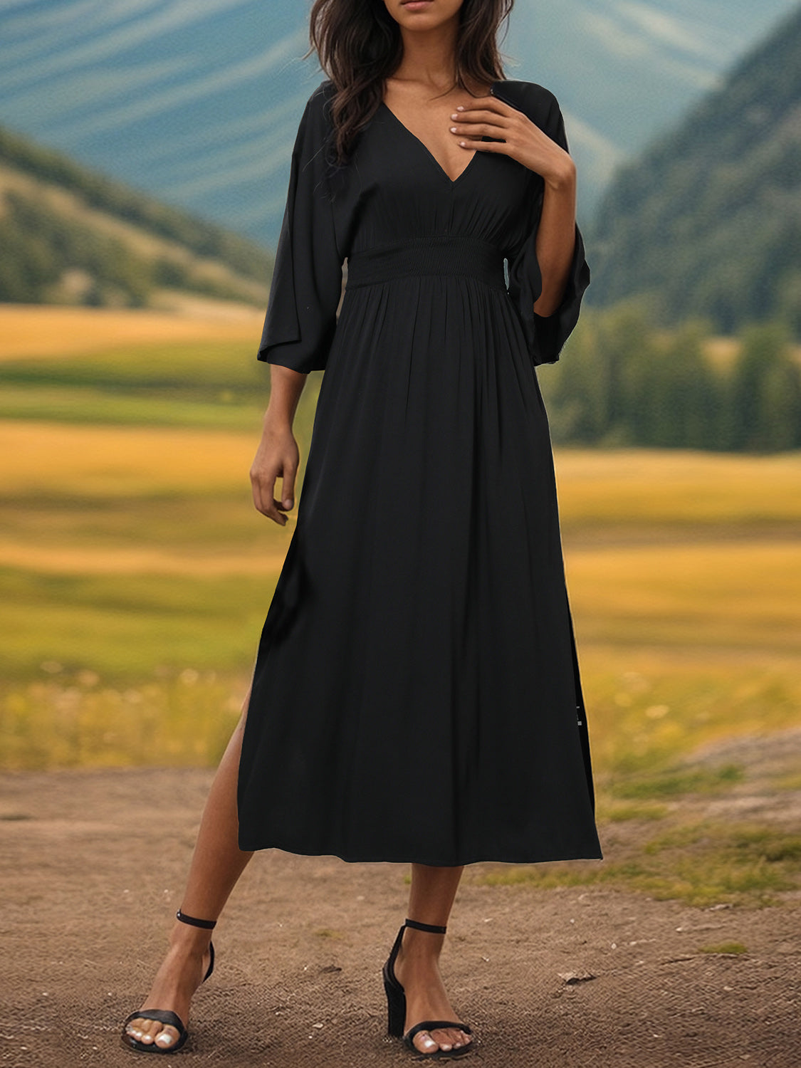 Slit V-Neck Long Sleeve Midi Dress-[Adult]-[Female]-Black-S-2022 Online Blue Zone Planet