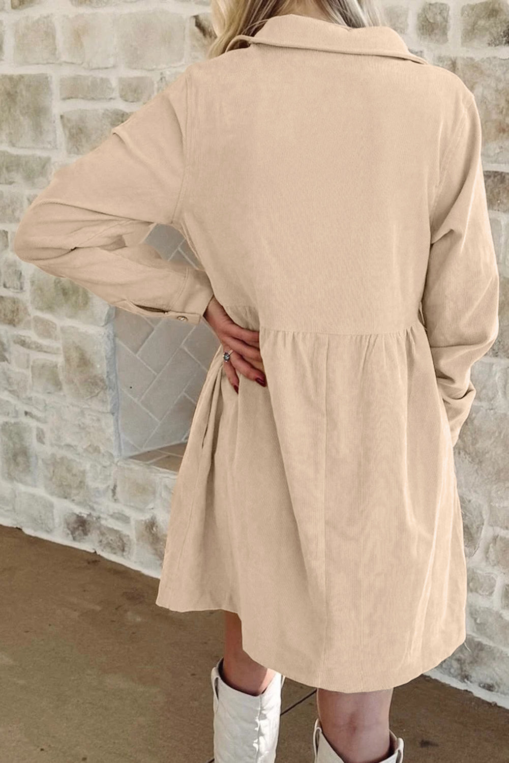 Oatmeal Corduroy Half Button Collared Long Sleeve Mini Dress-TOPS / DRESSES-[Adult]-[Female]-2022 Online Blue Zone Planet