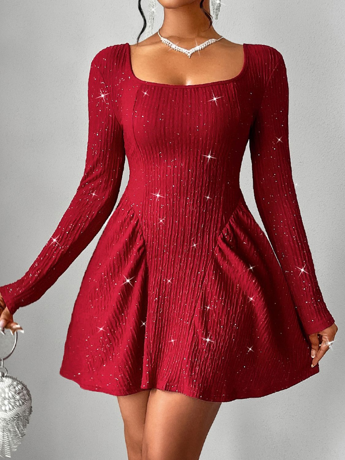 Blue Zone Planet | Backless Glitter Square Neck Long Sleeve Mini Dress-TOPS / DRESSES-[Adult]-[Female]-2022 Online Blue Zone Planet