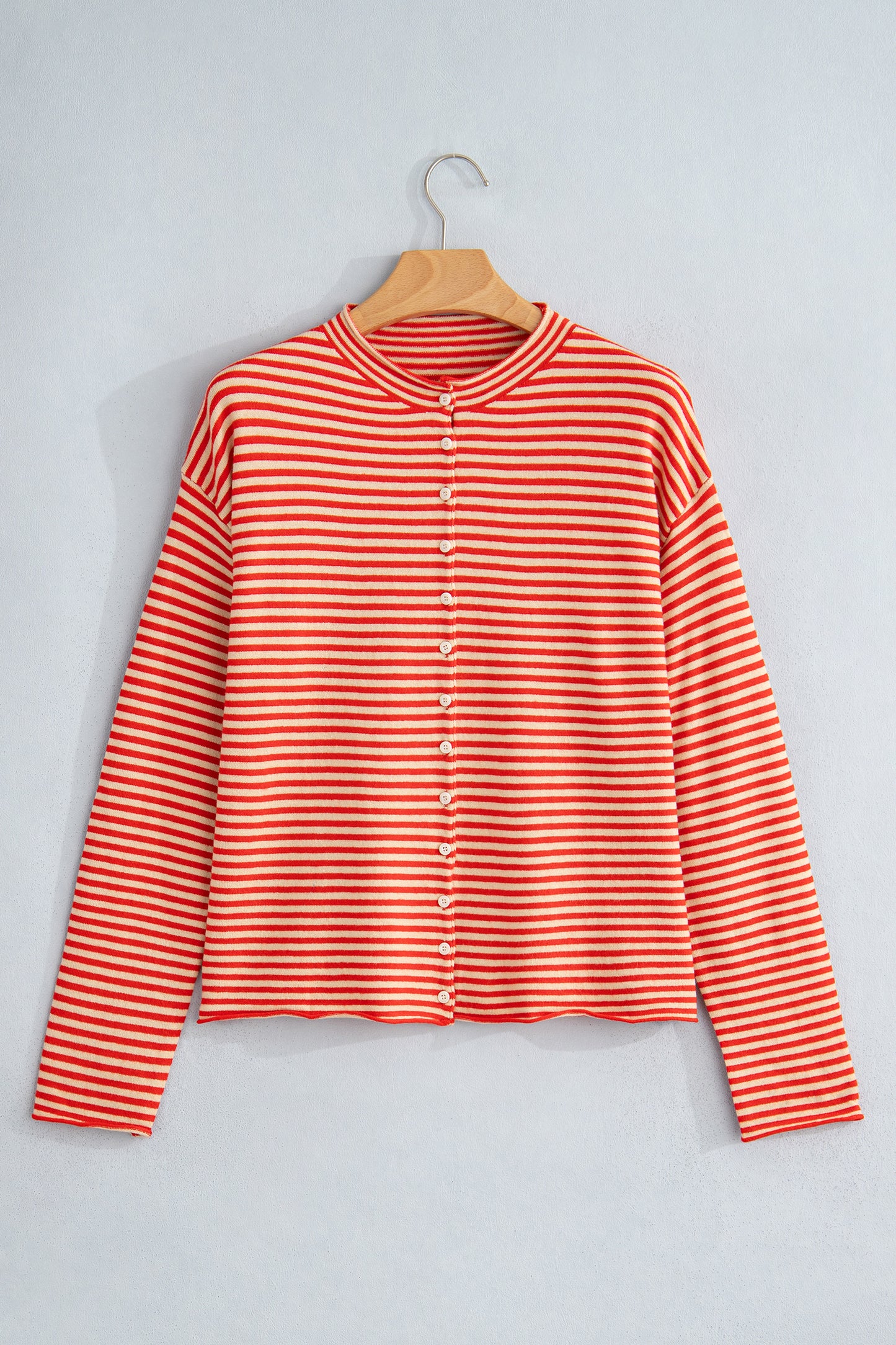Red Stripe Striped Button Collar Long Sleeve Knit Cardigan-Sweaters & Cardigans/Cardigans-[Adult]-[Female]-2022 Online Blue Zone Planet