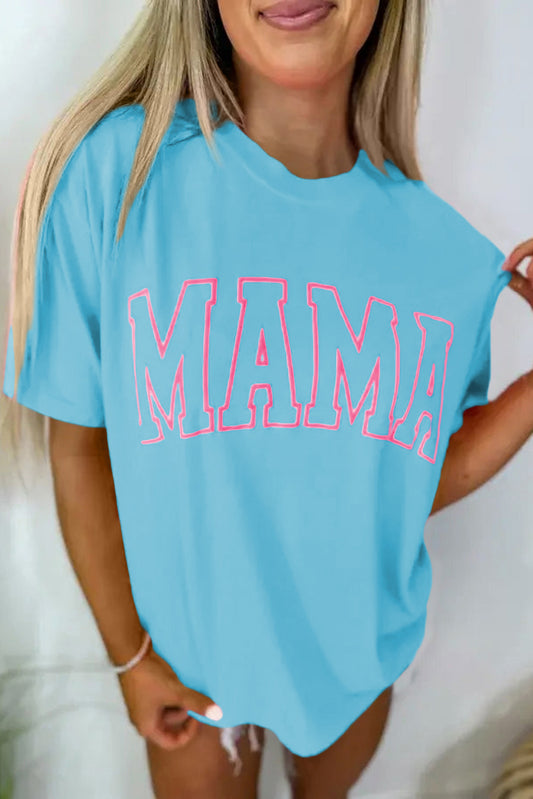 Light Blue Mama Letter Graphic Neon T Shirt-Tops/Tops & Tees-[Adult]-[Female]-Light Blue-S-2022 Online Blue Zone Planet