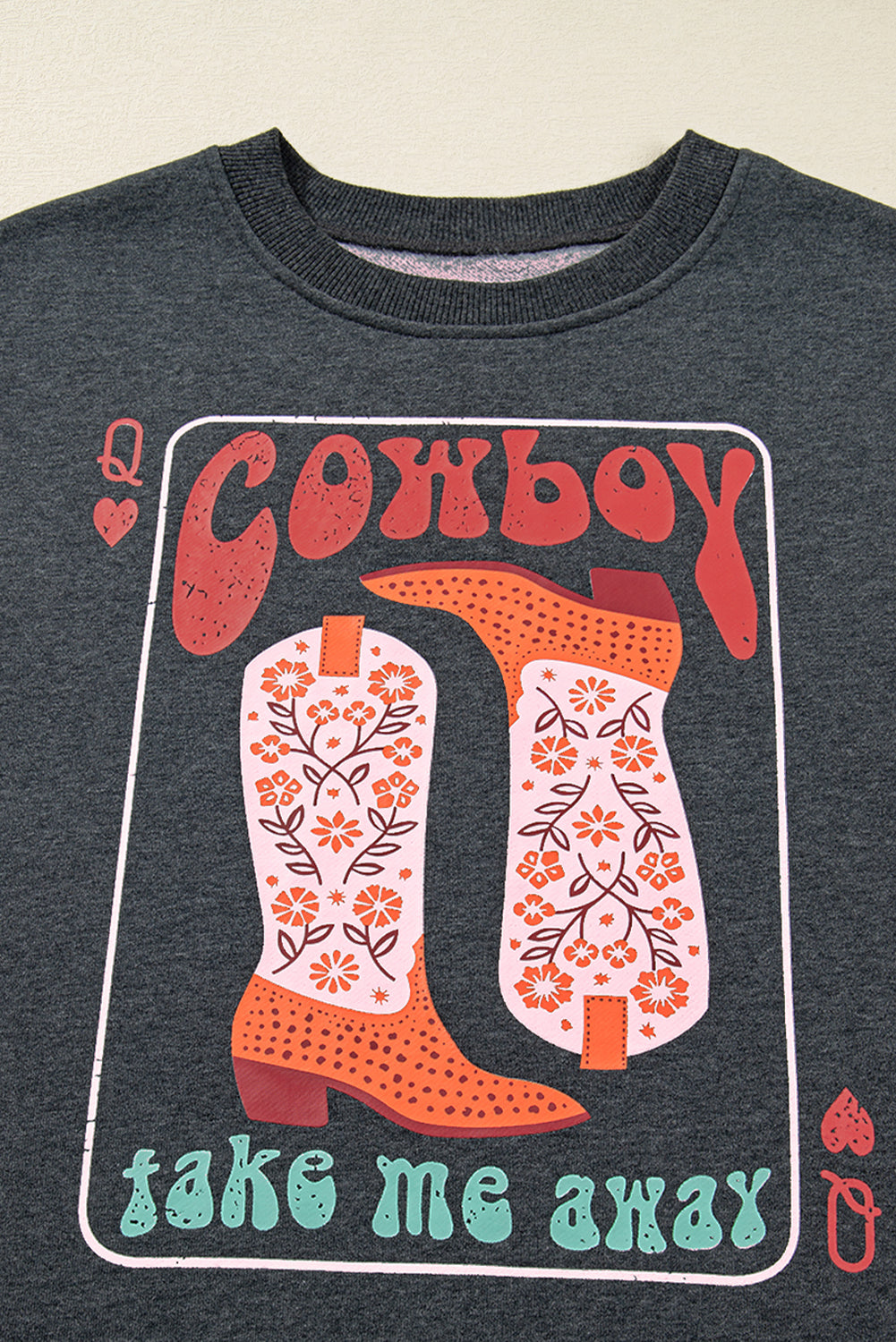 Carbon Grey Cowboy Queen Card Drop Shoulder Graphic Sweatshirt-Tops/Sweatshirts & Hoodies-[Adult]-[Female]-2022 Online Blue Zone Planet