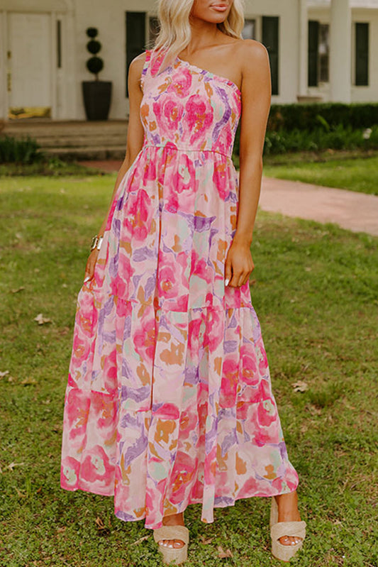 Pink Abstract Floral Print Shirred One Shoulder Maxi Dress-TOPS / DRESSES-[Adult]-[Female]-Pink-S-2022 Online Blue Zone Planet