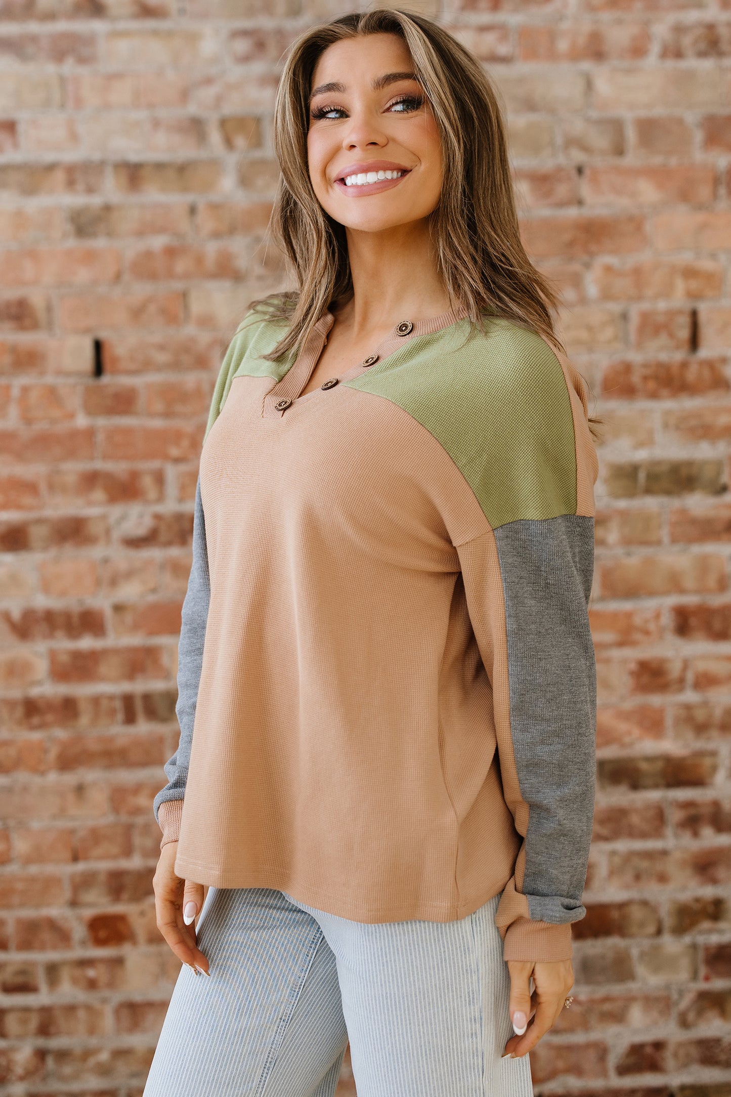 Buckskin Color Block Thermal Textured Knit Drop Shoulder Henley Top-Tops/Long Sleeve Tops-[Adult]-[Female]-2022 Online Blue Zone Planet