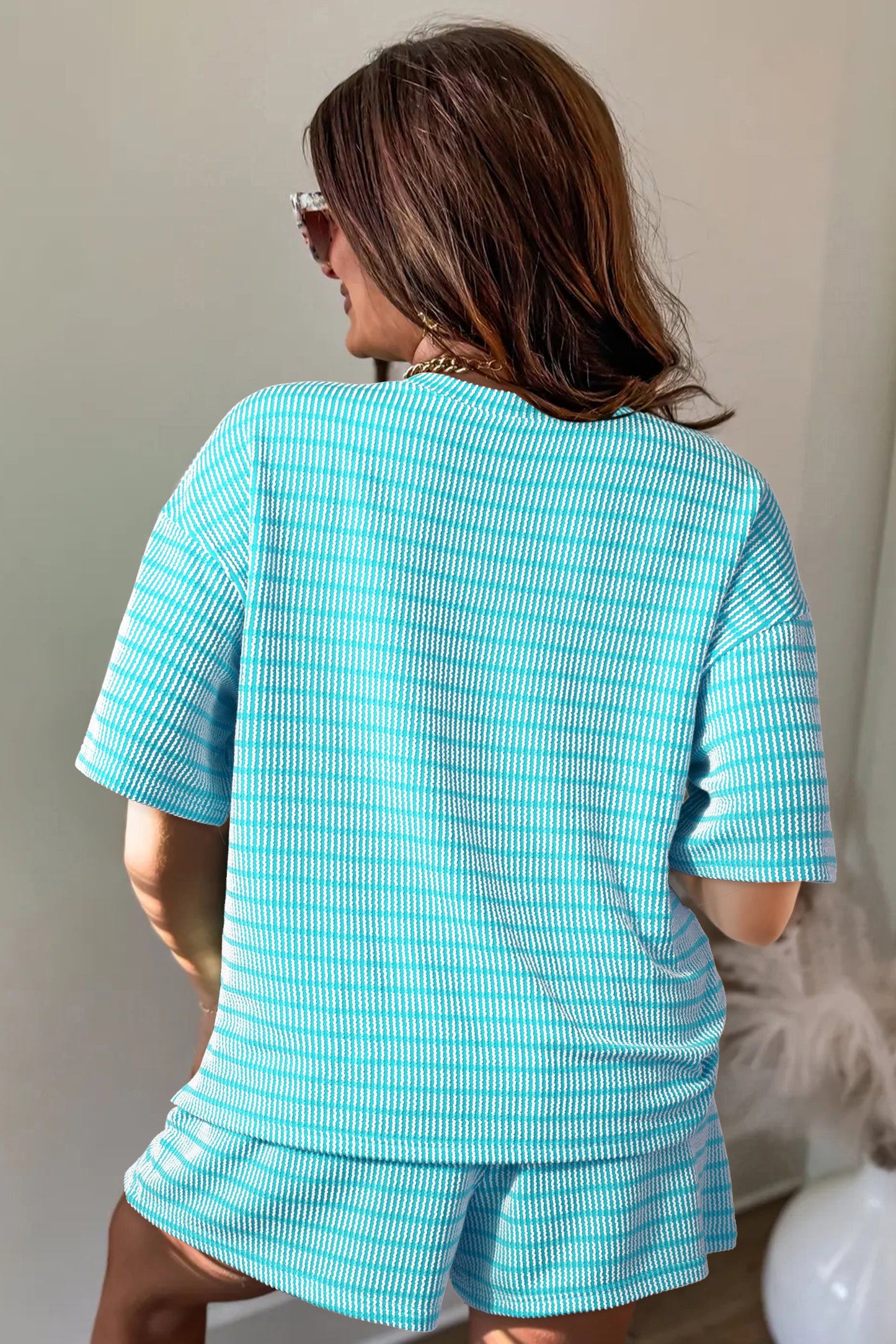 Rose Stripe Raised Rib Loose Tee Drawstring Elastic Waist 2pcs Short Set-Two Piece Sets/Short Sets-[Adult]-[Female]-2022 Online Blue Zone Planet