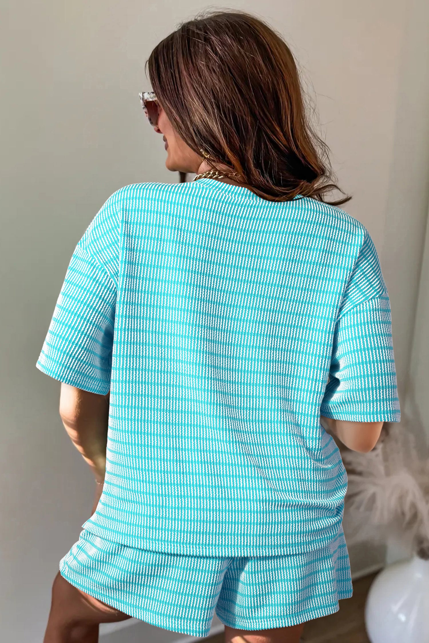 Rose Stripe Raised Rib Loose Tee Drawstring Elastic Waist 2pcs Short Set-Two Piece Sets/Short Sets-[Adult]-[Female]-2022 Online Blue Zone Planet