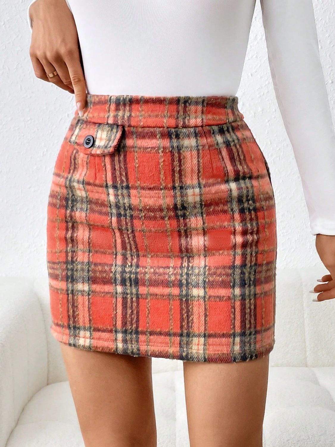 Decorative Button Plaid Mini Skirt-BOTTOMS SIZES SMALL MEDIUM LARGE-[Adult]-[Female]-2022 Online Blue Zone Planet