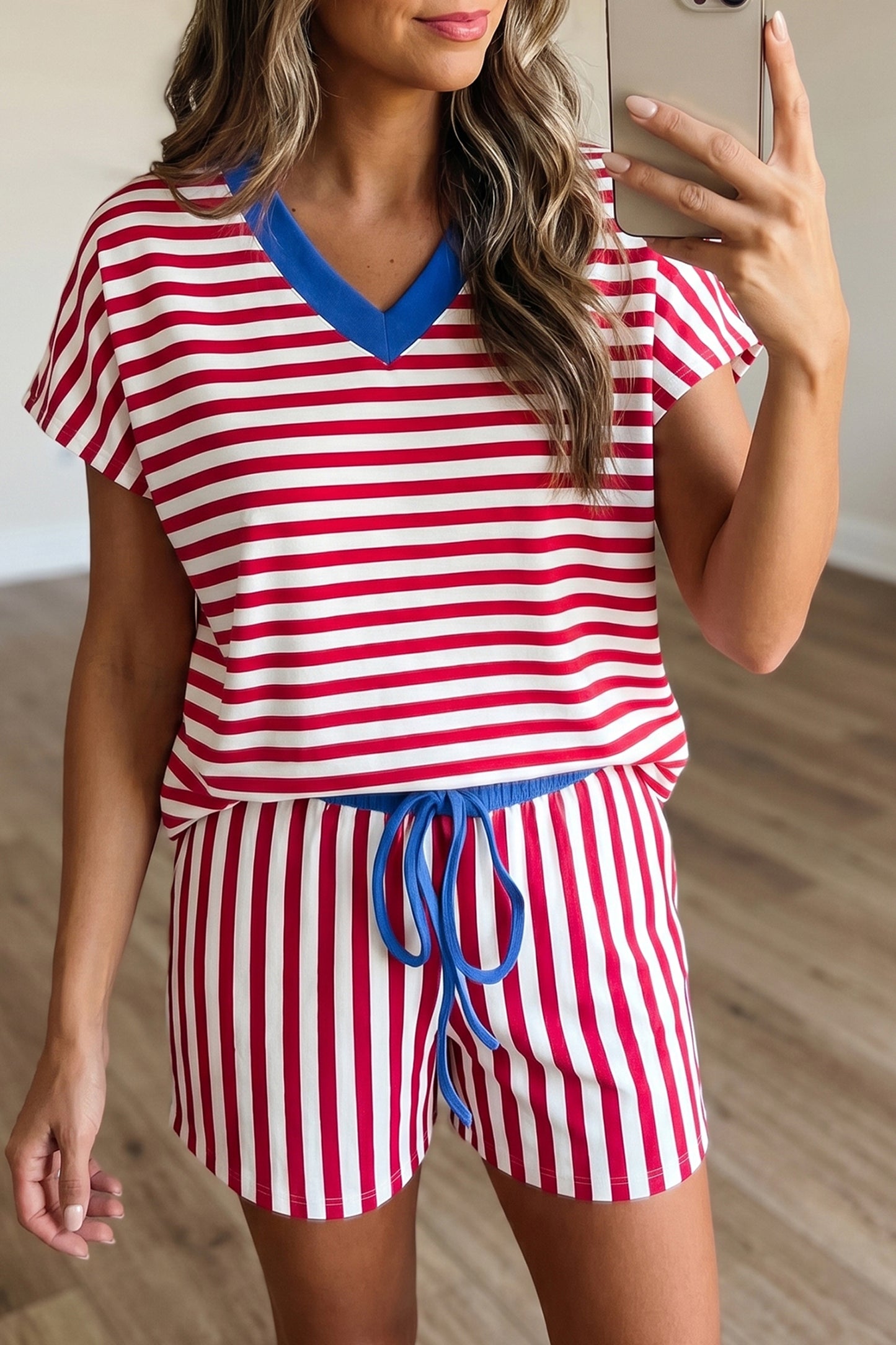 Yellow Stripe Colorblock Trim V Neck Tee Drawstring Elastic Waist Short Set-Two Piece Sets/Short Sets-[Adult]-[Female]-2022 Online Blue Zone Planet