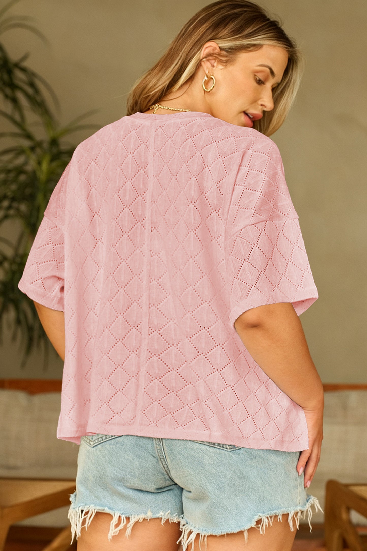 Light Pink Pointelle Rhombus Knit Plus Size V Neck Loose Top-Plus Size/Plus Size Tops/Plus Size Tops & Tees-[Adult]-[Female]-2022 Online Blue Zone Planet
