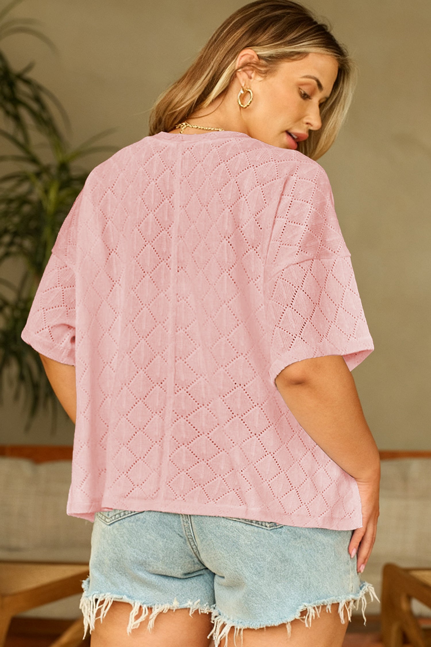 Light Pink Pointelle Rhombus Knit Plus Size V Neck Loose Top-Plus Size/Plus Size Tops/Plus Size Tops & Tees-[Adult]-[Female]-2022 Online Blue Zone Planet