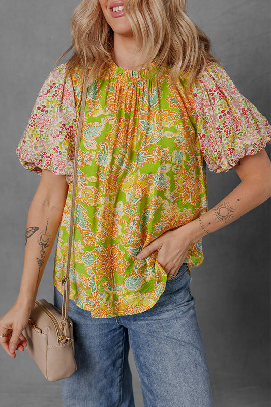 Multicolour Printed Contrast Bubble Sleeve Patchwork Blouse-Tops/Blouses & Shirts-[Adult]-[Female]-Multicolour-S-2022 Online Blue Zone Planet