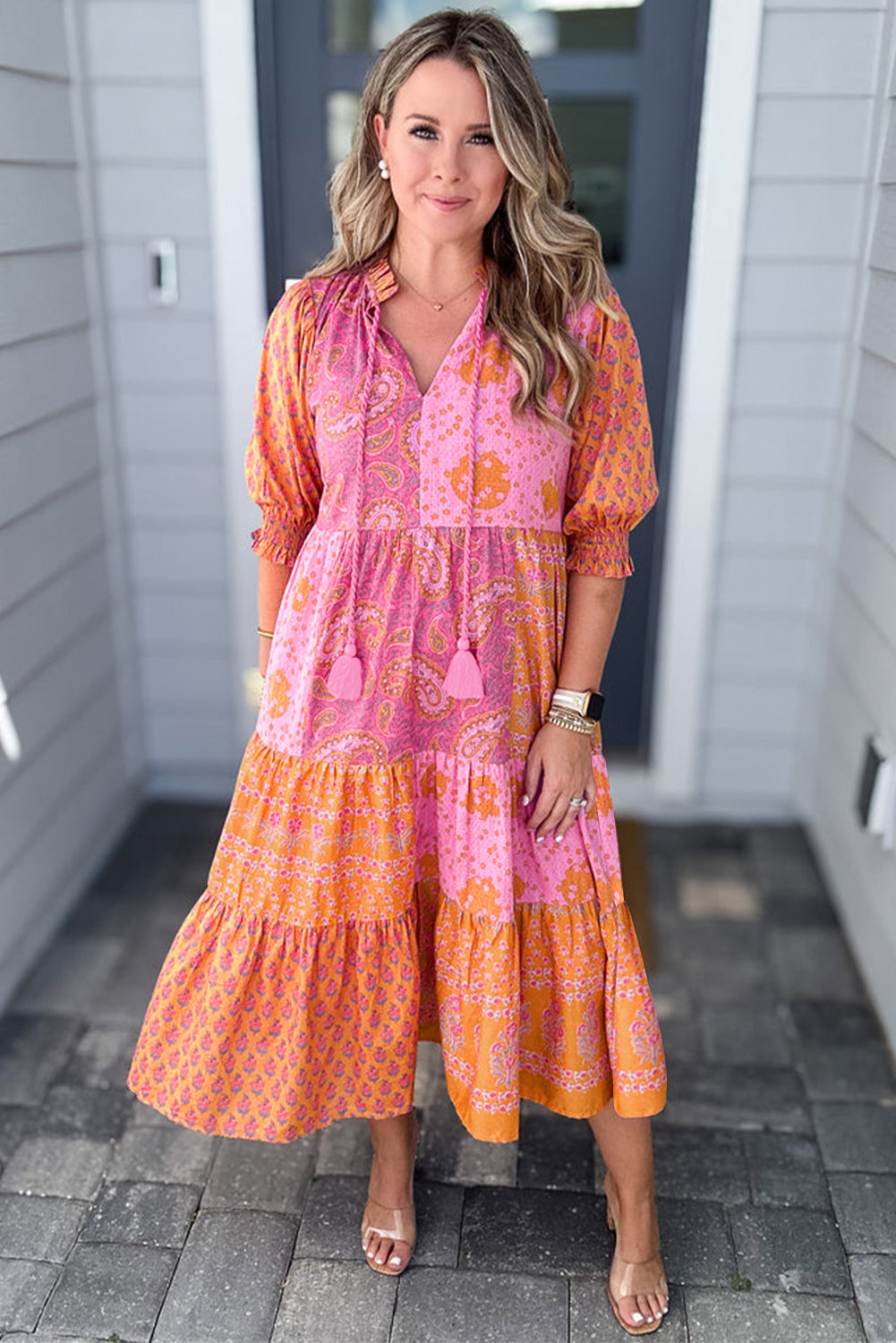 Pink Boho Paisley Floral Patchwork Tassel Tie Plus Size Midi Dress-Plus Size Dresses-[Adult]-[Female]-2022 Online Blue Zone Planet