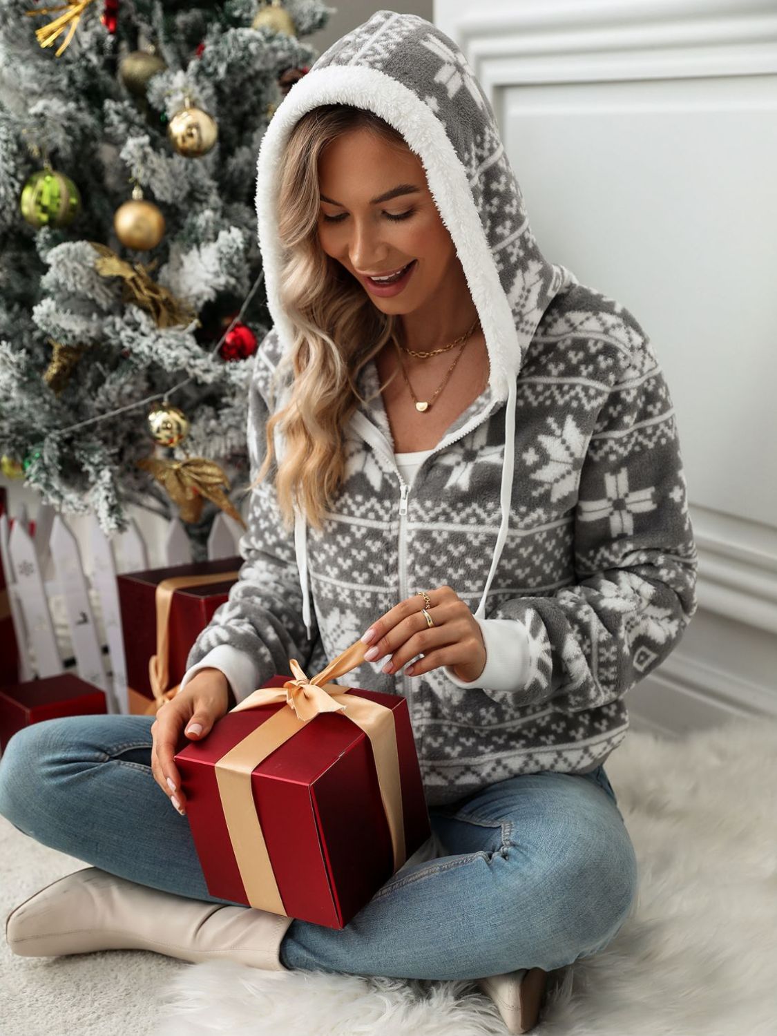 Drawstring Snowflake Zip Up Hooded Outerwear-TOPS / DRESSES-[Adult]-[Female]-Gray-S-2022 Online Blue Zone Planet