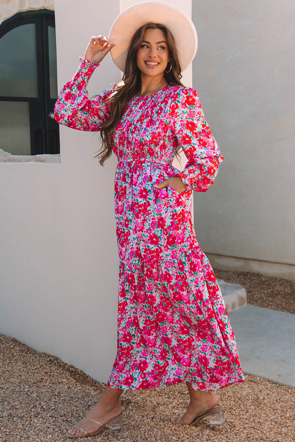 Blue Zone Planet | Sky Blue Floral Print Smocked Lantern Sleeve Tiered Maxi Dress-TOPS / DRESSES-[Adult]-[Female]-2022 Online Blue Zone Planet