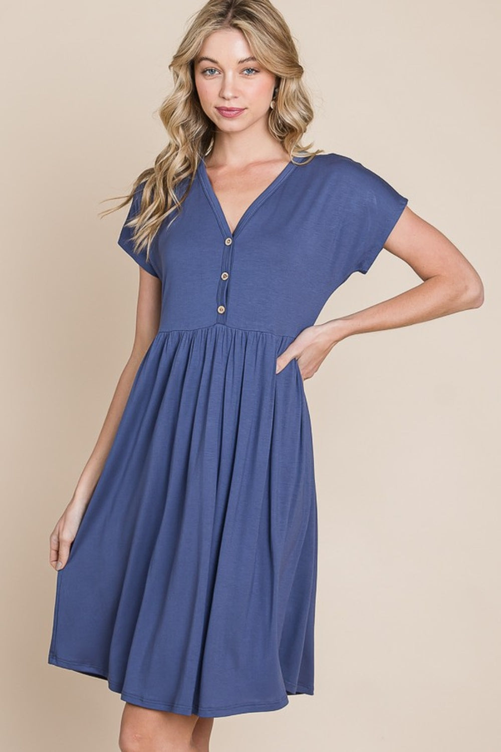 Blue Zone Planet | BOMBOM V-Neck Short Sleeve Dress-TOPS / DRESSES-[Adult]-[Female]-2022 Online Blue Zone Planet