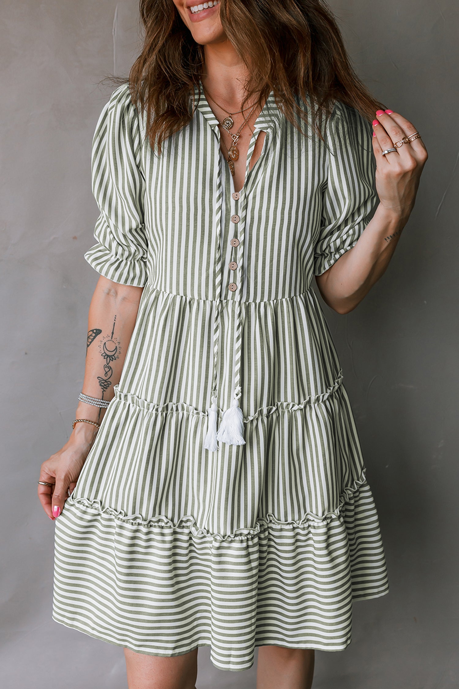 Green Stripe Tasseled Tie Neck Ruffled Short Sleeve Tiered Flattering Dress-TOPS / DRESSES-[Adult]-[Female]-2022 Online Blue Zone Planet