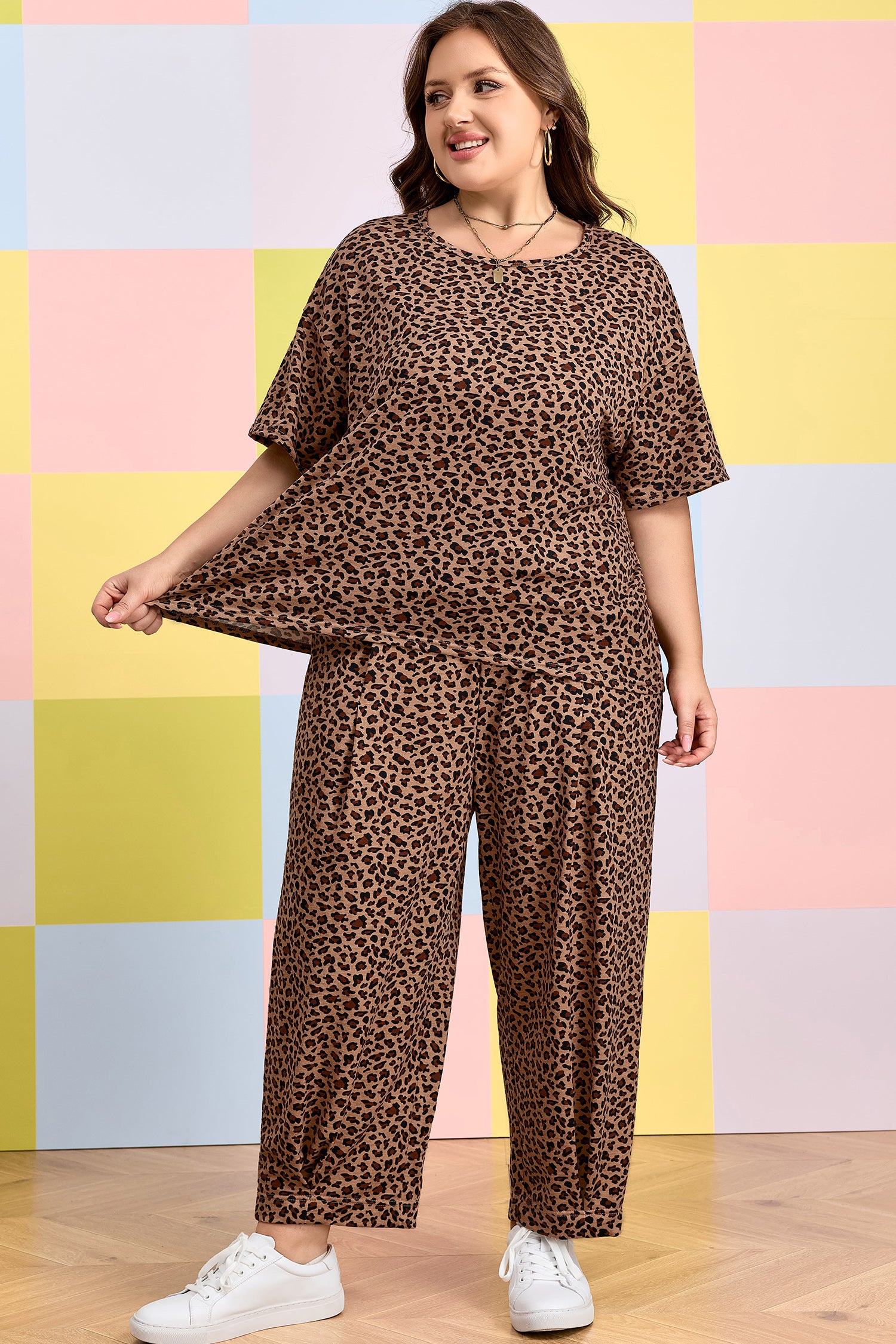 Brown Plus Size Leopard Loose Top Pleated Pants Set-Plus Size/Plus Size Loungewear-[Adult]-[Female]-2022 Online Blue Zone Planet