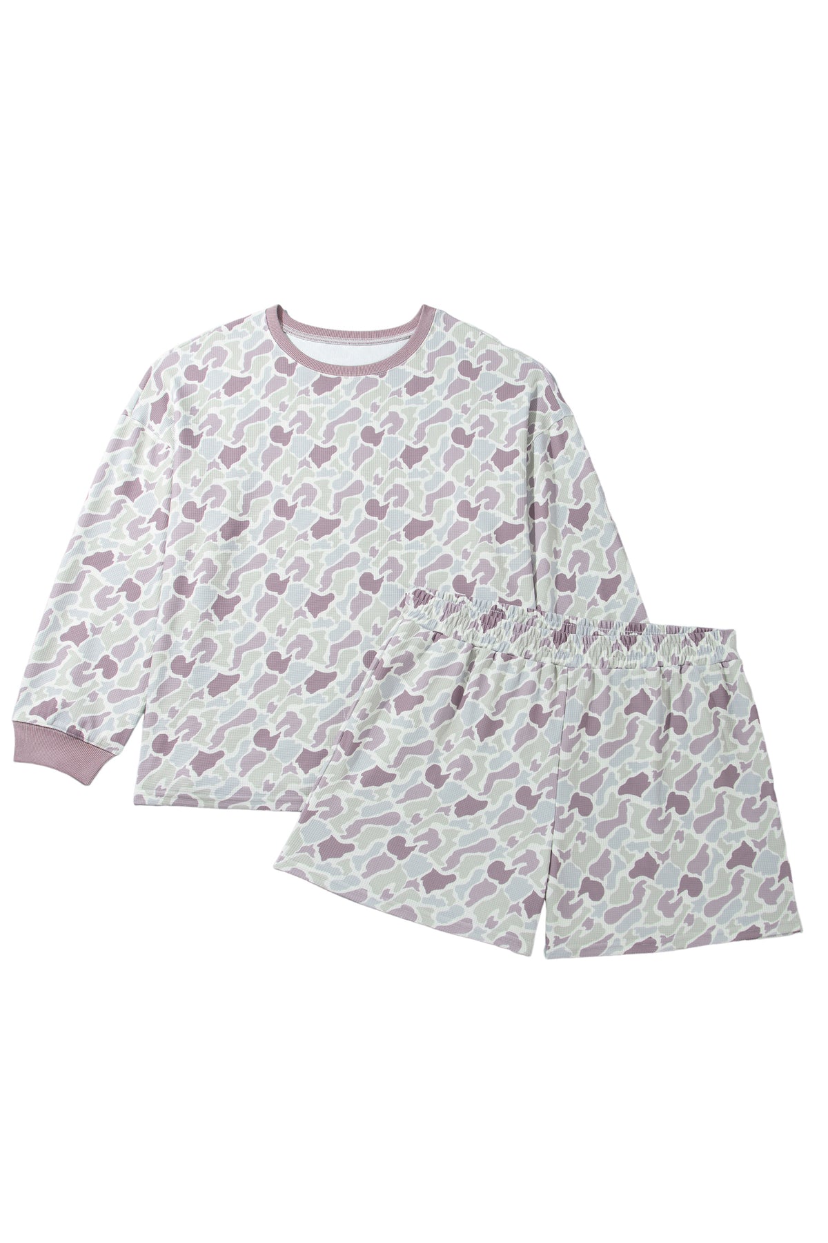 Green Camouflage Print Waffle Textured Pullover and Shorts Plus Size 2pcs Set-Plus Size/Plus Size Loungewear-[Adult]-[Female]-2022 Online Blue Zone Planet