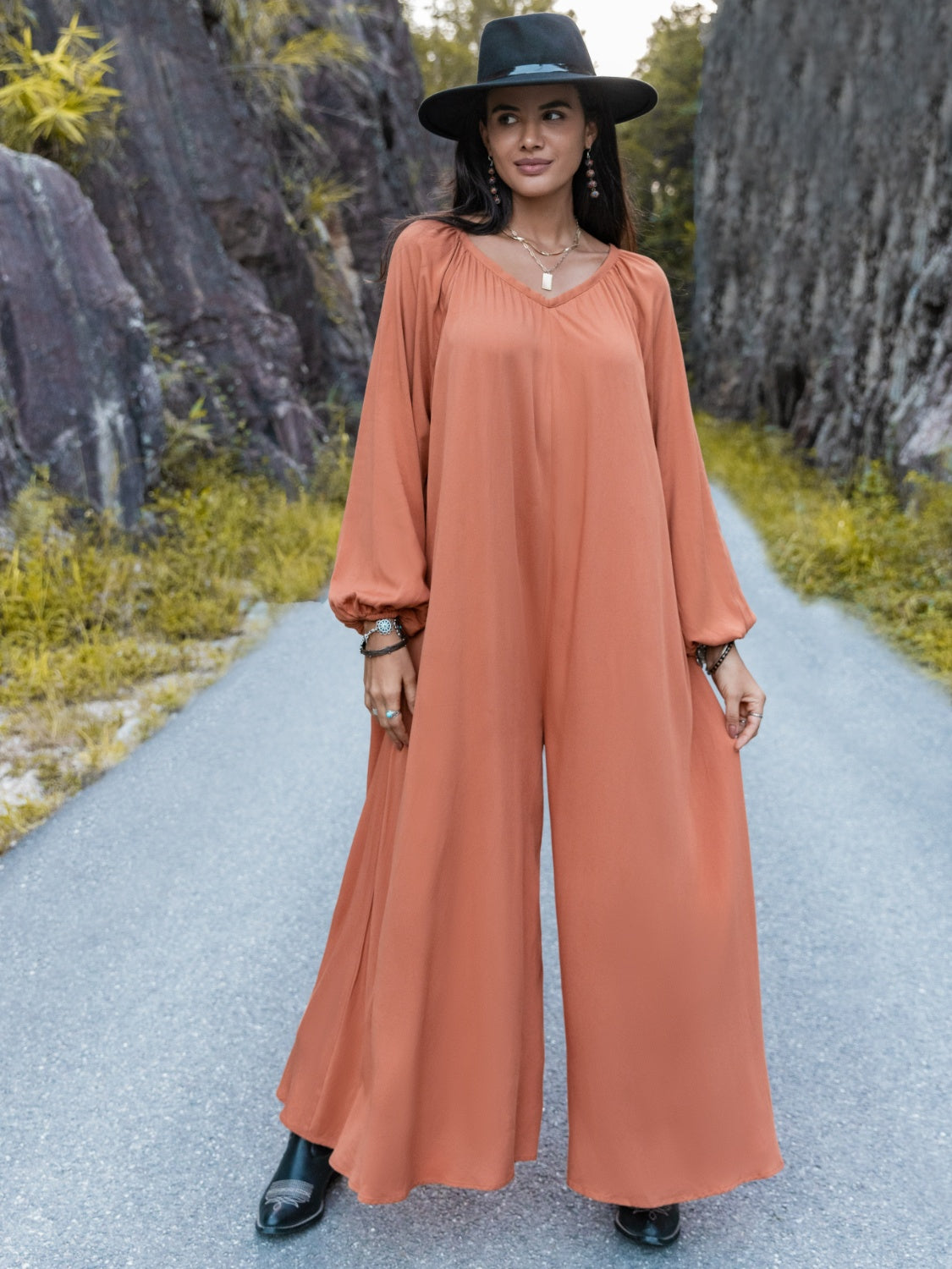 V-Neck Long Sleeve Wide Leg Jumpsuit-TOPS / DRESSES-[Adult]-[Female]-Pumpkin-S-2022 Online Blue Zone Planet