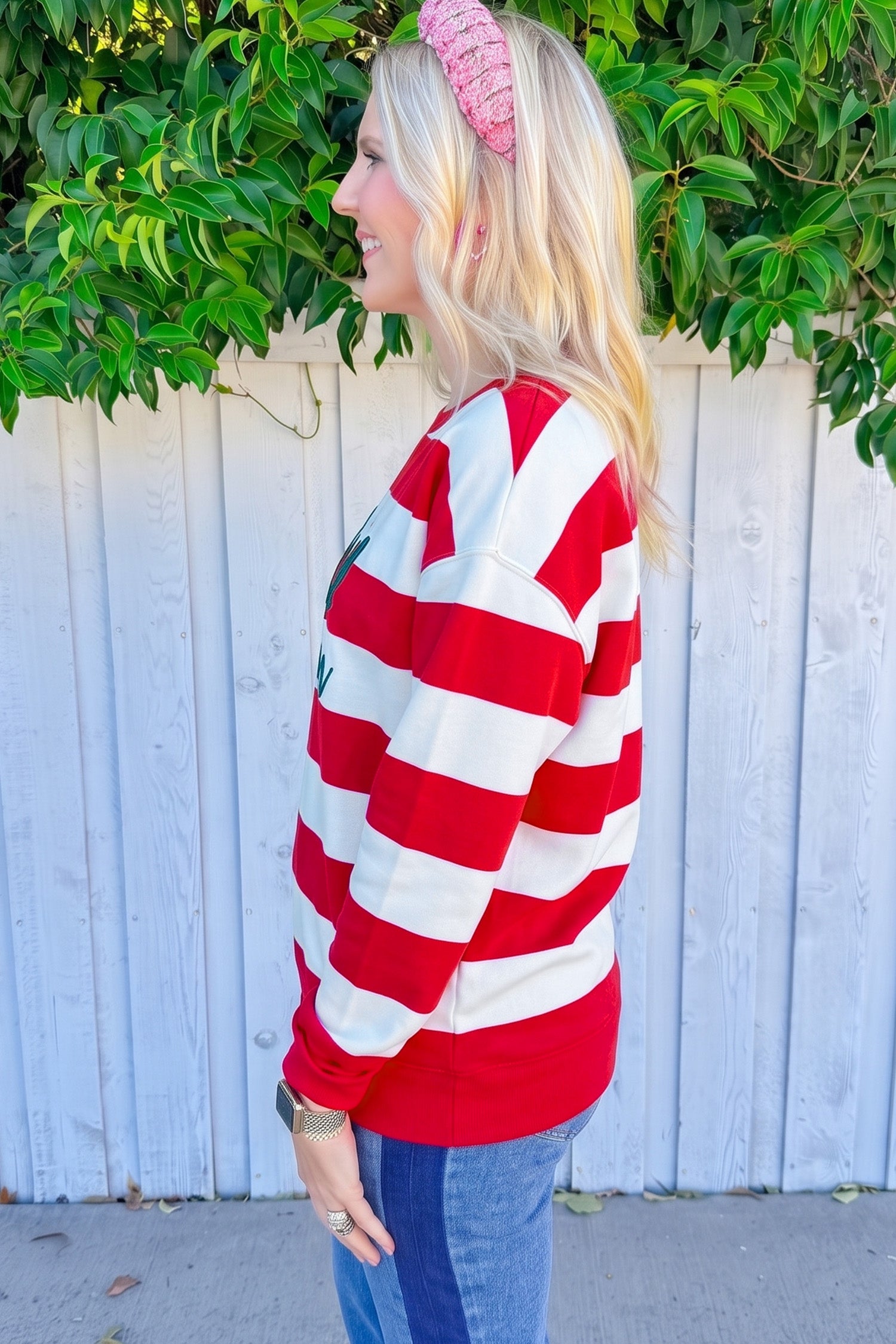 Red Stripe holly jolly Letter Embroidered Pullover Sweatshirt-Tops/Sweatshirts & Hoodies-[Adult]-[Female]-2022 Online Blue Zone Planet