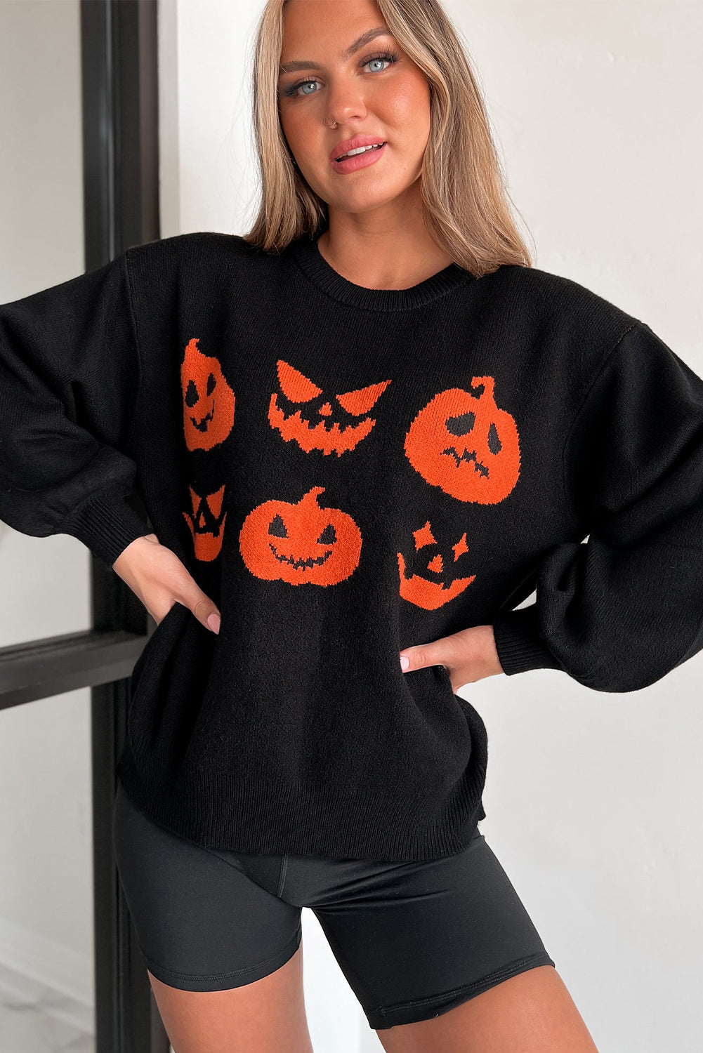 Blue Zone Planet | Black Halloween Pumpkin Face Pattern Drop Shoulder Sweater-Sweaters & Cardigans/Sweaters-[Adult]-[Female]-2022 Online Blue Zone Planet