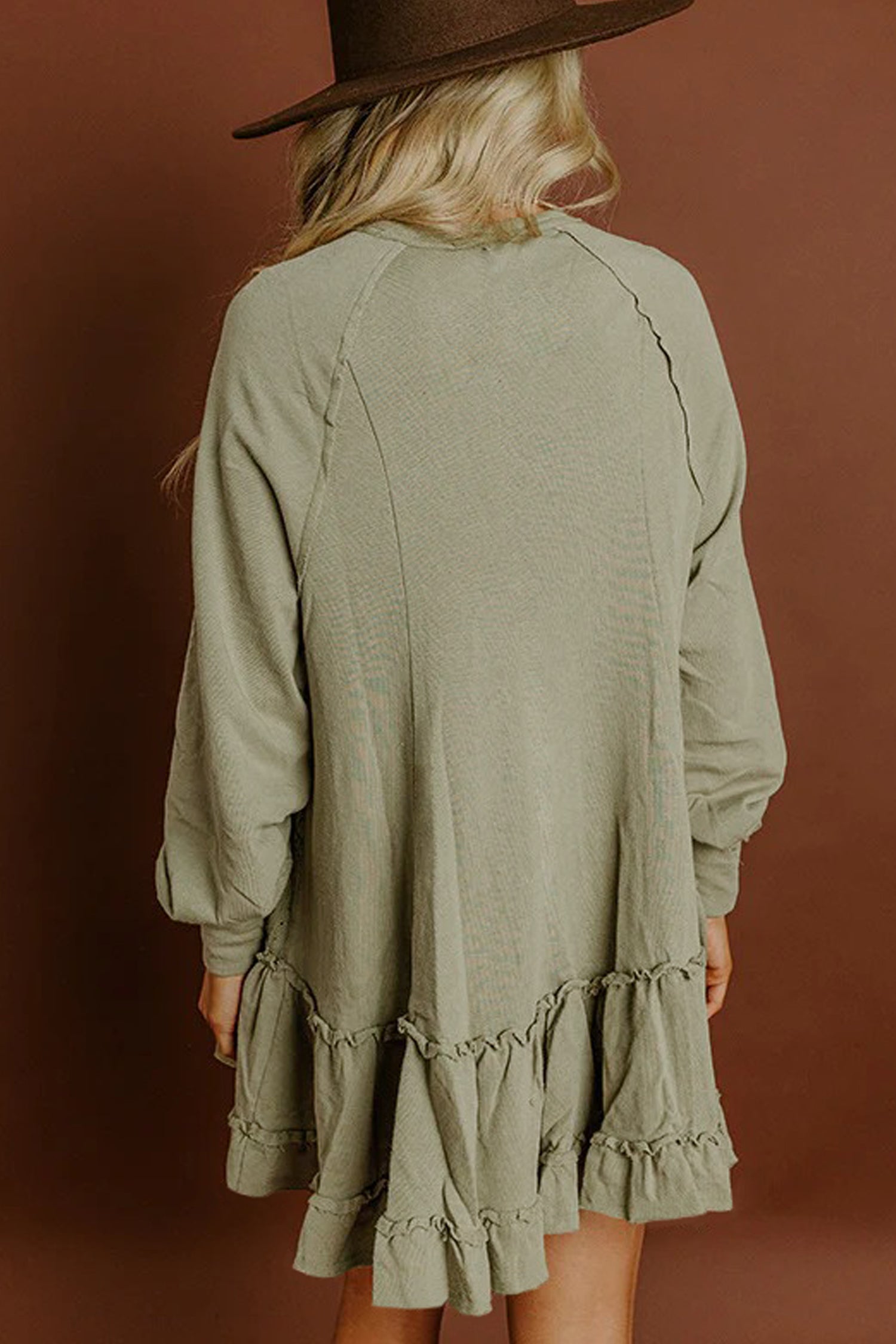 Laurel Green Jacquard Frilled Ruffled Long Sleeve Mini Dress-TOPS / DRESSES-[Adult]-[Female]-2022 Online Blue Zone Planet