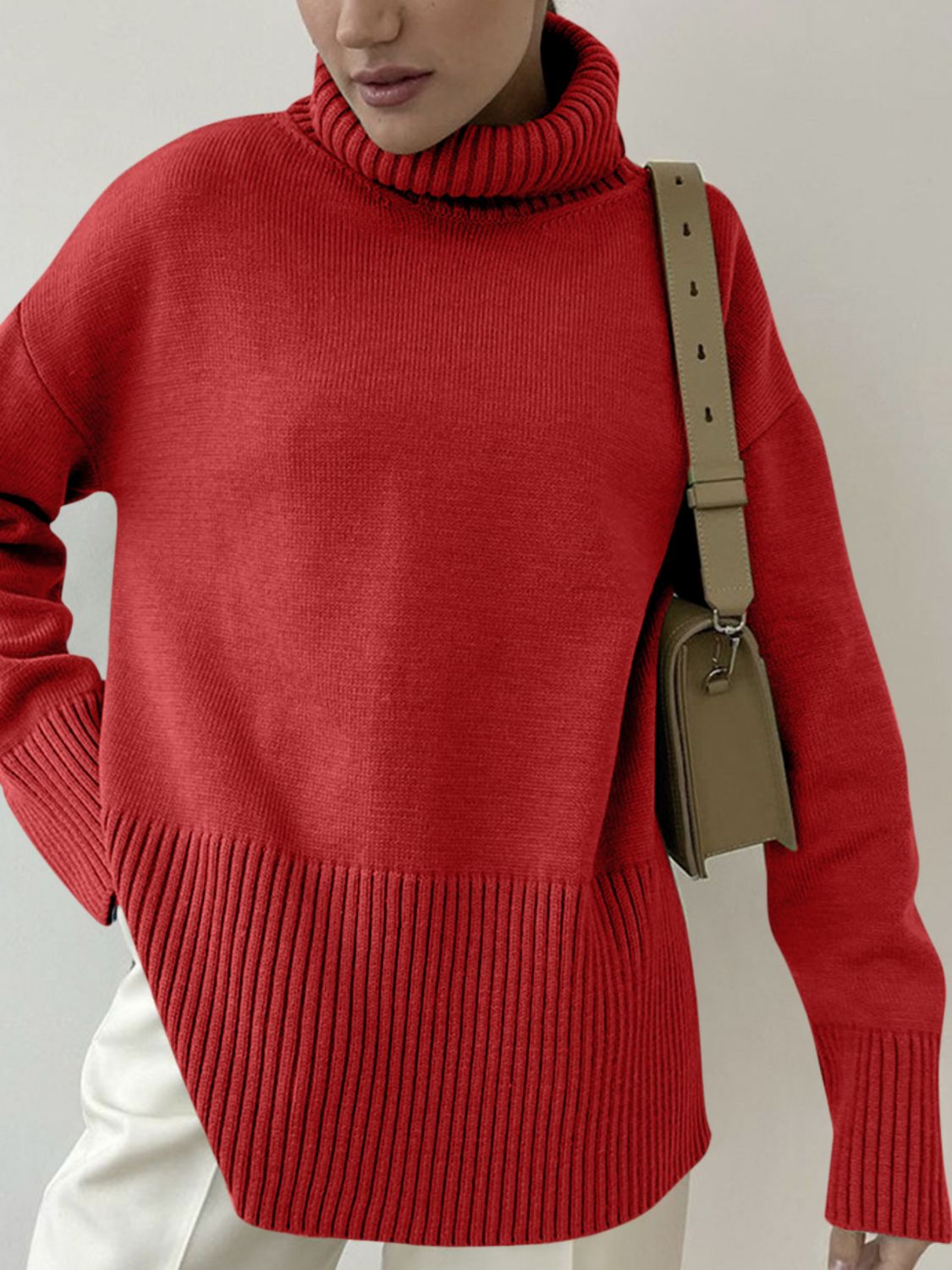 Side Slit Turtleneck Drop Shoulder Sweater-TOPS / DRESSES-[Adult]-[Female]-2022 Online Blue Zone Planet