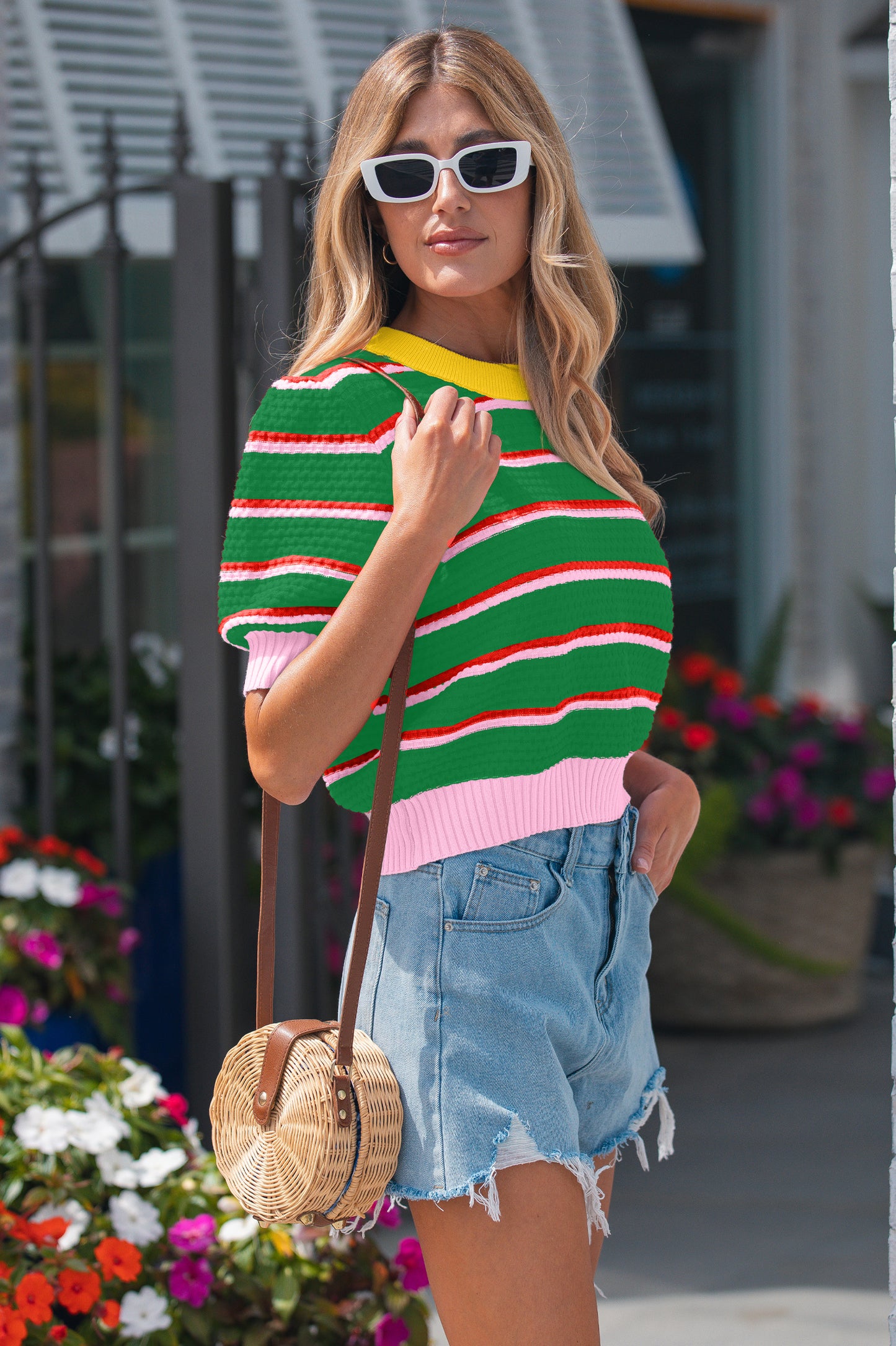 Green Stripe Colorblock Trim Half Sleeve Sweater Top-TOPS / DRESSES-[Adult]-[Female]-2022 Online Blue Zone Planet