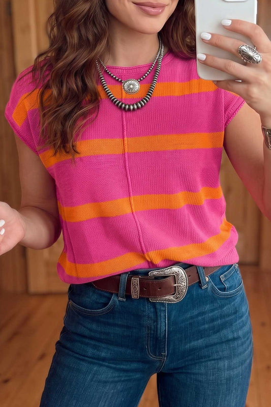 Rose Stripe Knit Western Short Sleeve Sweater-Sweaters & Cardigans/Short Sleeve Sweaters-[Adult]-[Female]-Rose Stripe-S-2022 Online Blue Zone Planet