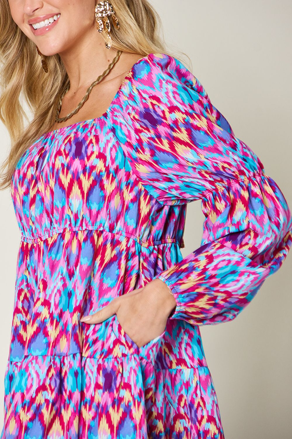 Double Take Full Size Printed Long Sleeve Dress-TOPS / DRESSES-[Adult]-[Female]-2022 Online Blue Zone Planet