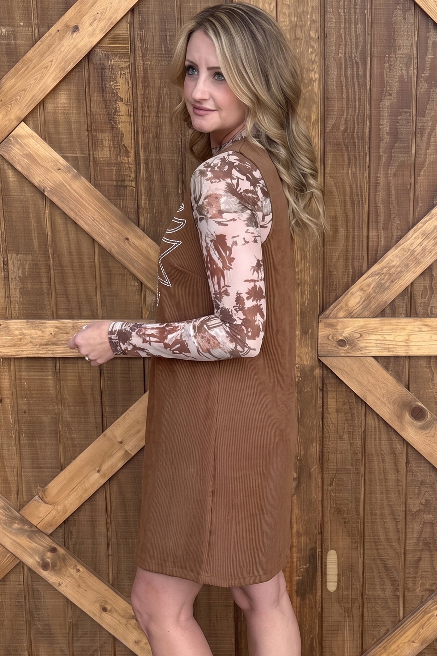 Coffee Geometric Embroidery Sleeveless Corduroy Shift Dress-TOPS / DRESSES-[Adult]-[Female]-2022 Online Blue Zone Planet
